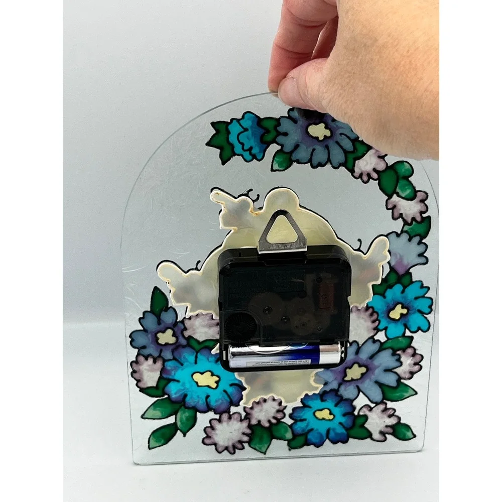 Glass Beehive Clock Floral‎ Design Tabletop Desk Accent Yellow Blue